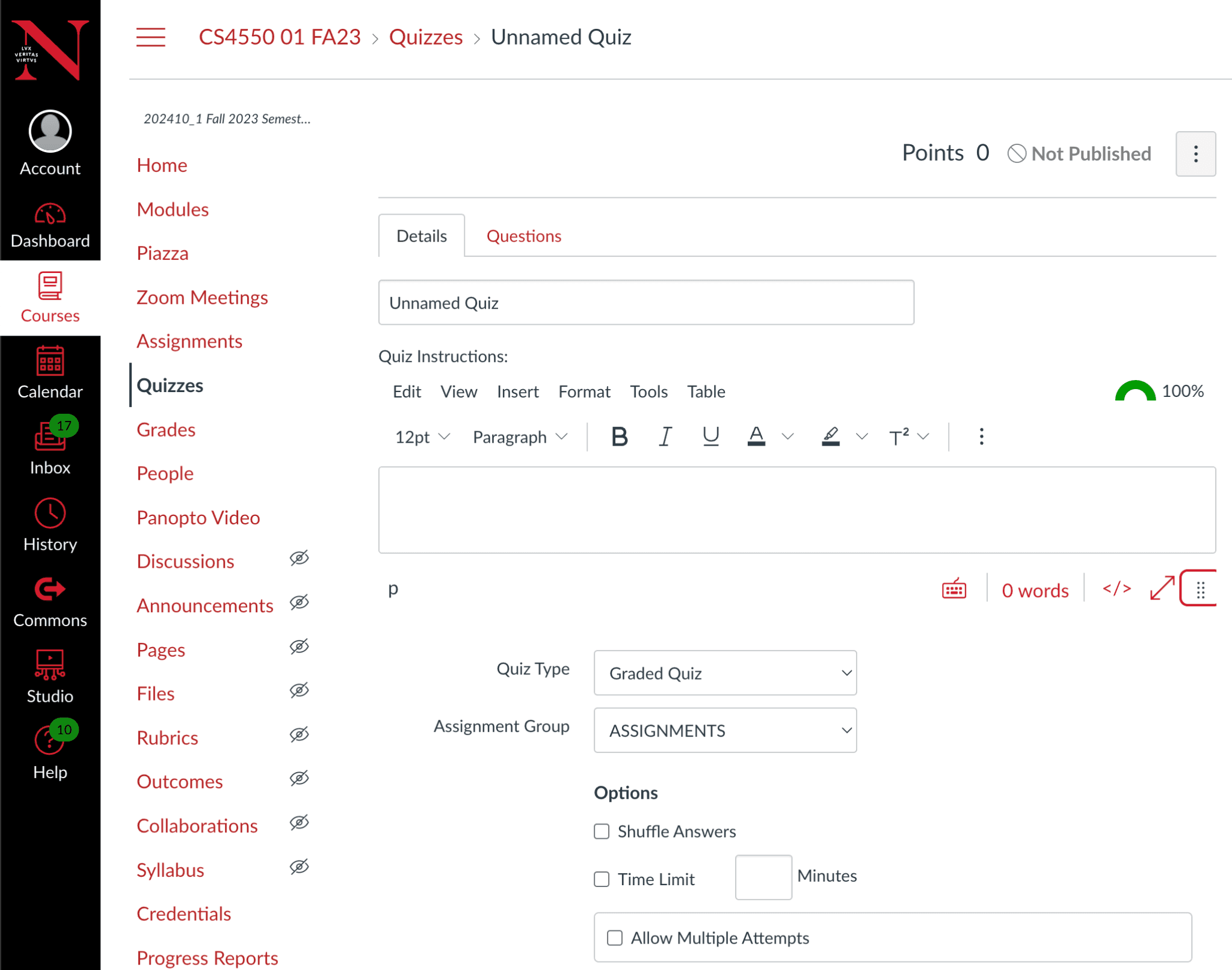 Quiz Details screen summarizing quiz type, points, assignment group, shuffle, time limit, attempts, dates, and Preview and Edit actions.